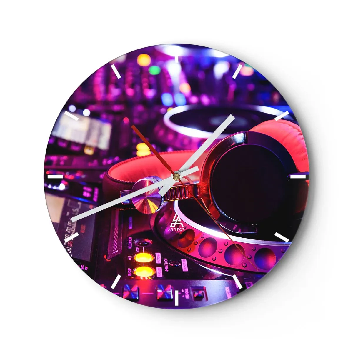 Ceas de perete - Ceas pe sticlă - Căști DJ pe o consolă cu iluminare neon - 30x30cm - Înainte de a începe distracția - Decorațiune modernă pentru perete pentru living, bucătărie și dormitor ARTTOR
