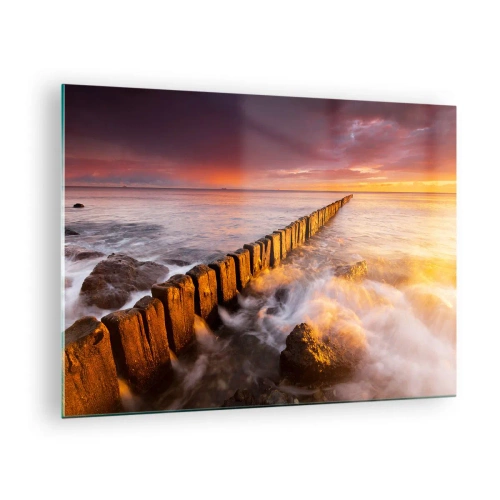 Tablou pe sticlă - Apus de soare peste mare cu un dig de lemn - 70x50cm - Blândețea valurilor - Decorațiune modernă pentru perete pentru living și dormitor ARTTOR