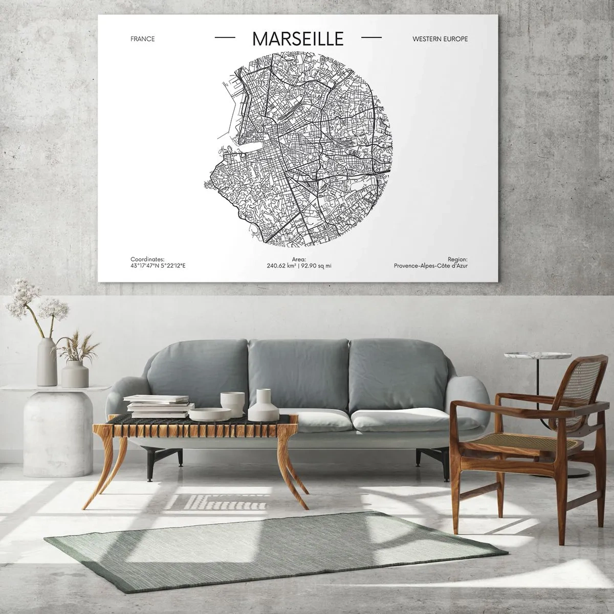 Tablou pe sticlă - Hartă alb-negru a orașului Marsilia într-un stil modern - 70x50cm - Anatomia Marsiliei - Decorațiune modernă pentru perete pentru living și dormitor ARTTOR