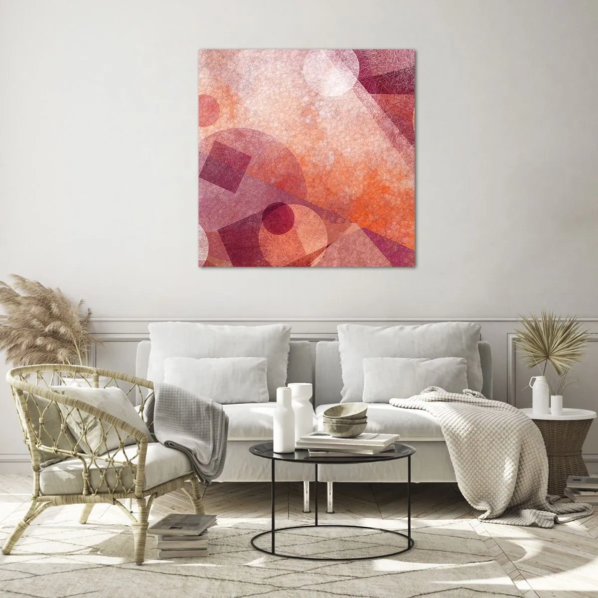 Tablou pe sticlă - Transformări geometrice în roz - 50x50 cm