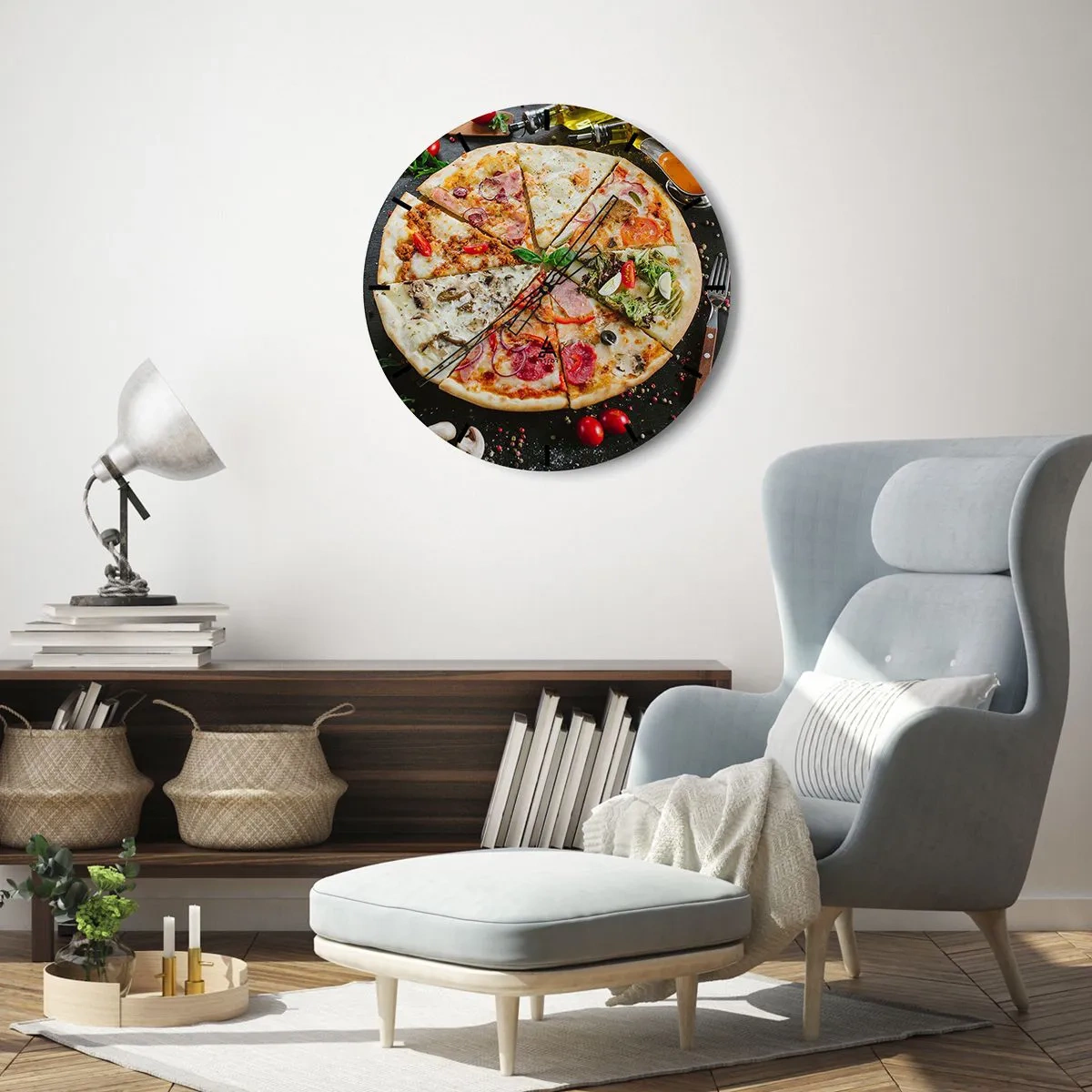 Ceas de perete - Ceas pe sticlă - Pizza apetisantă cu diverse toppinguri pe fundal negru - 30x30cm - Un evantai de arome - Decorațiune modernă pentru perete pentru living, bucătărie și dormitor ARTTOR