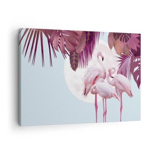 Tablou pe pânză Canvas - Flamingo roz pe fundalul lunii și al frunzelor tropicale - 70x50cm - Harul a trei păsări - Decorațiune modernă pentru perete pentru living și dormitor ARTTOR