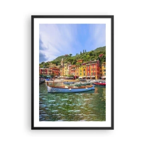 Poster în ramă neagră - Scenă portuară cu clădiri și bărci colorate - 50x70cm - O dimineață italiană - Decorațiune modernă pentru perete pentru living și dormitor ARTTOR