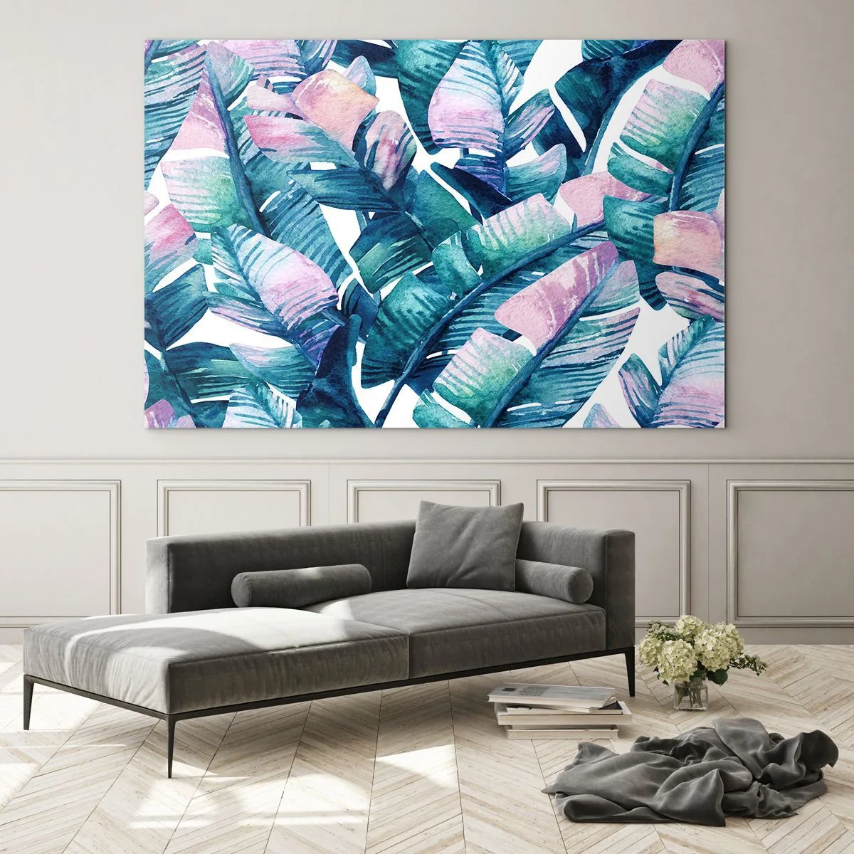 Tablou pe sticlă - Frunze de bananier în nuanțe pastelate pe fundal alb - 70x50cm - Într-o livadă de banane - Decorațiune modernă pentru perete pentru living și dormitor ARTTOR