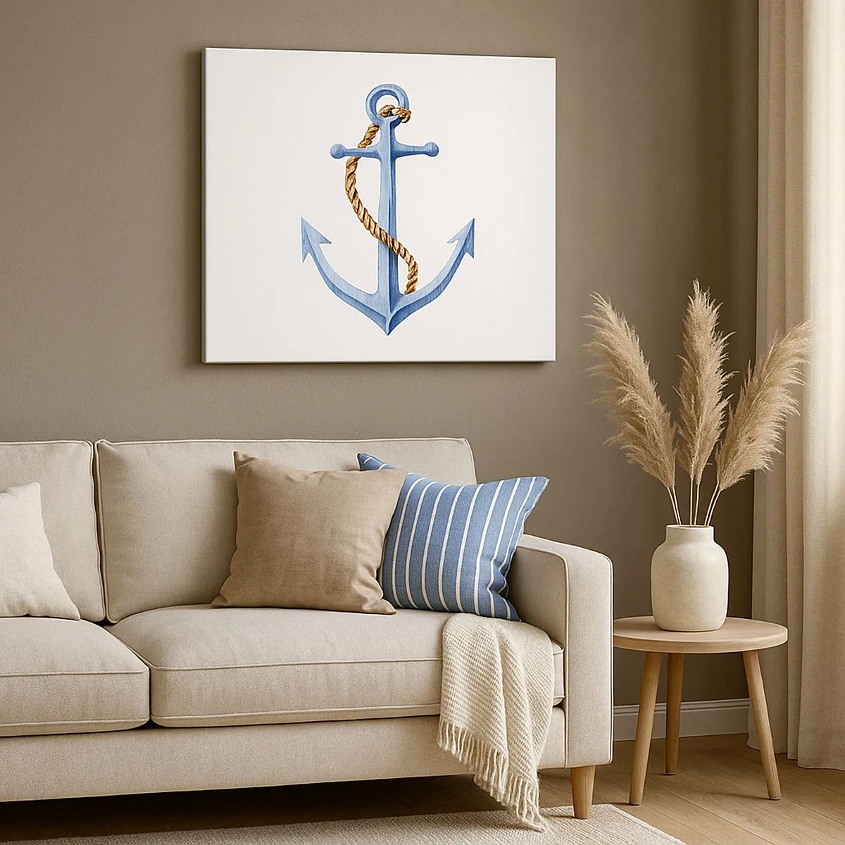 Tablou pe pânză Canvas - Ancoră cu frânghie în stil acuarelă - 70x50cm - Ahoy aventura! - Decorațiune modernă pentru perete pentru living și dormitor ARTTOR