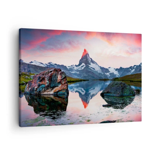 Tablou pe pânză Canvas - Un vârf de munte reflectat într-un lac la apus - 70x50cm - Inima munților este fierbinte - Decorațiune modernă pentru perete pentru living și dormitor ARTTOR