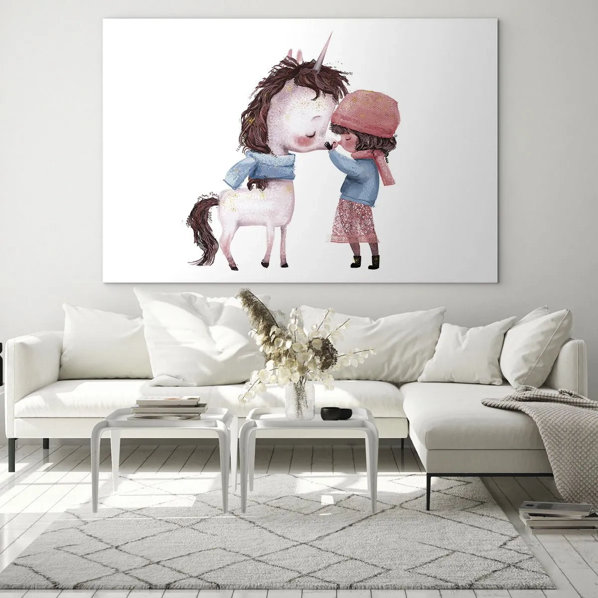 Tablou pe sticlă - O fată și un unicorn într-un peisaj de iarnă - 70x50cm - O poveste de iarnă - Decorațiune modernă pentru perete pentru living și dormitor ARTTOR