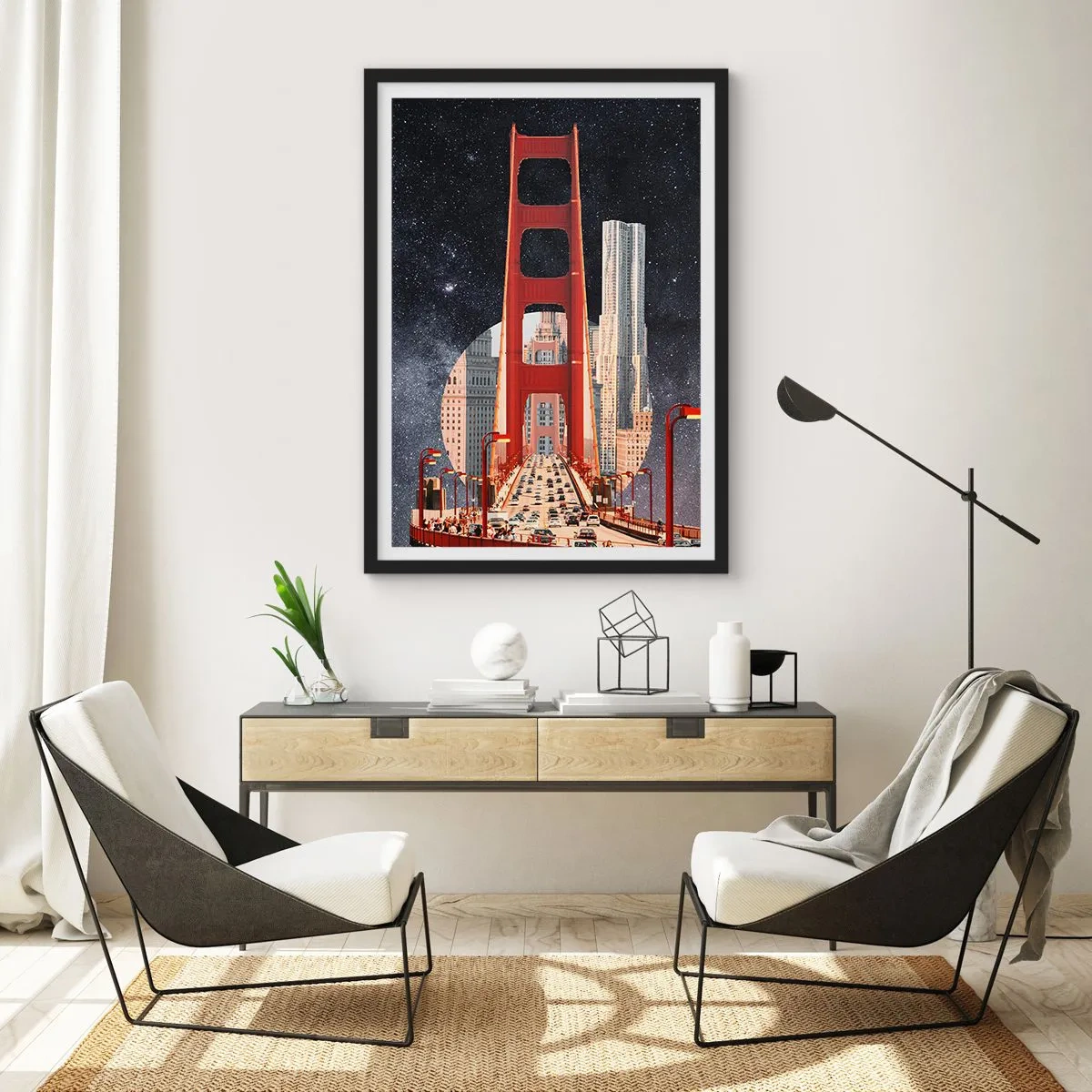 Poster în ramă neagră - Un pod și zgârie-nori pe fundalul cerului înstelat - 50x70cm - Întotdeauna în centru - Decorațiune modernă pentru perete pentru living și dormitor ARTTOR