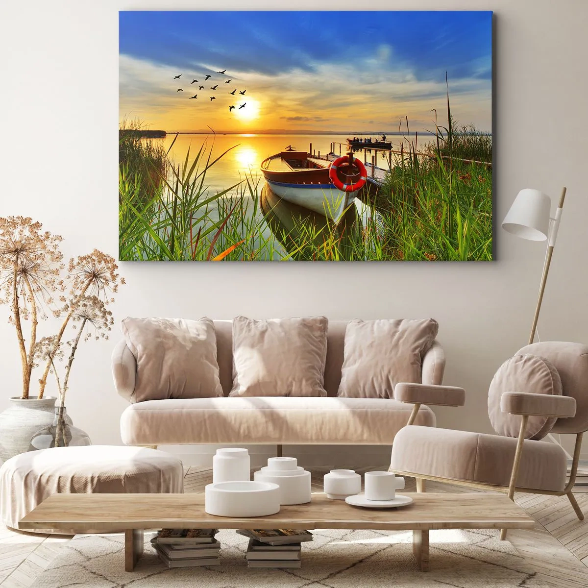 Tablou pe pânză Canvas - O barcă pe malul unui lac la apus - 70x50cm - Cormoranii pleacă deja - Decorațiune modernă pentru perete pentru living și dormitor ARTTOR