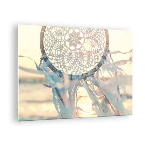 Tablou pe sticlă - Un totem din dantelă cu franjuri delicate pe fundalul soarelui care apune peste mare. - 70x50cm - Totem de dantelă - Decorațiune modernă pentru perete pentru living și dormitor ARTTOR