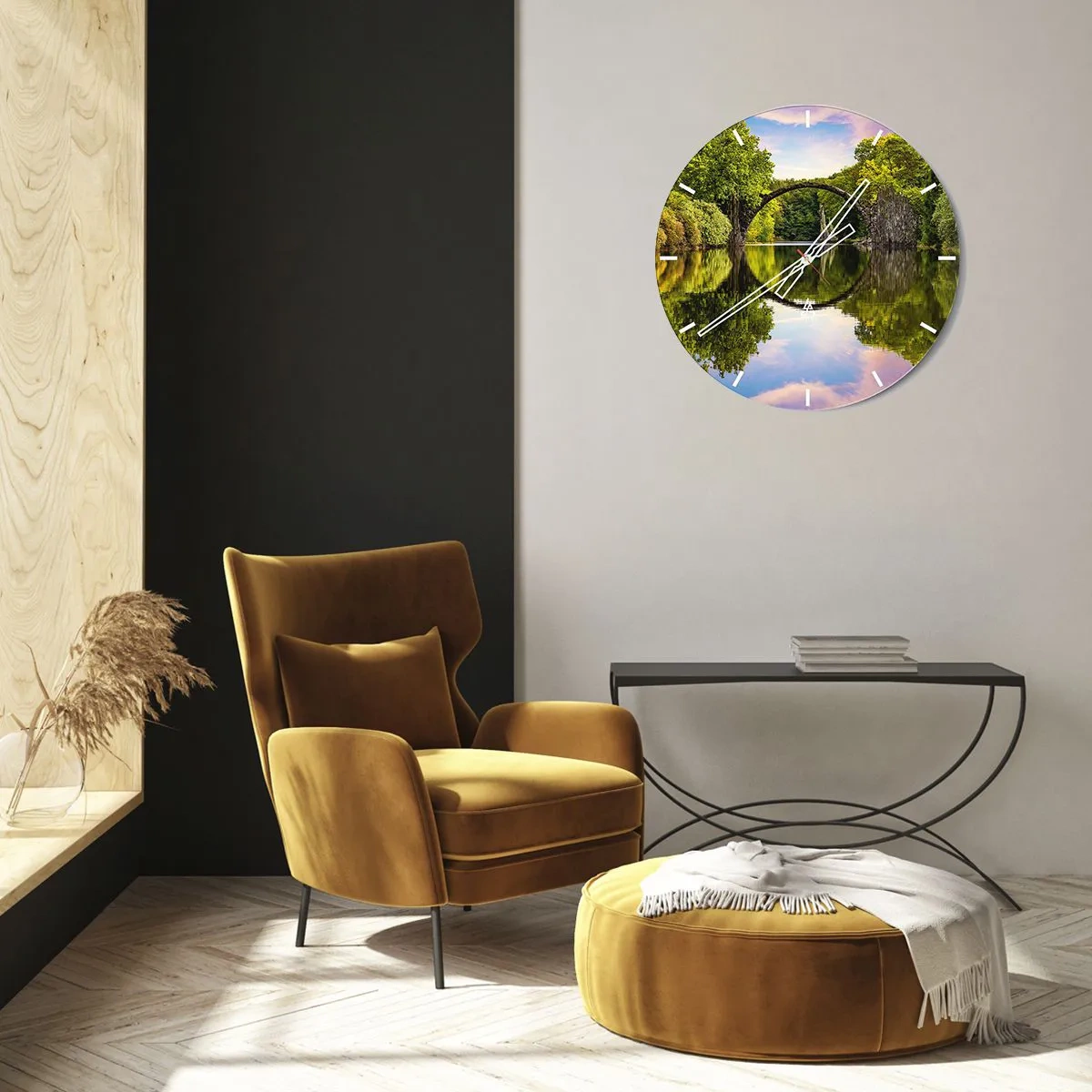 Ceas de perete - Ceas pe sticlă - Podul Rakotzbrücke reflectat în apă - 30x30cm - La punctul de întâlnire a două lumi - Decorațiune modernă pentru perete pentru living, bucătărie și dormitor ARTTOR