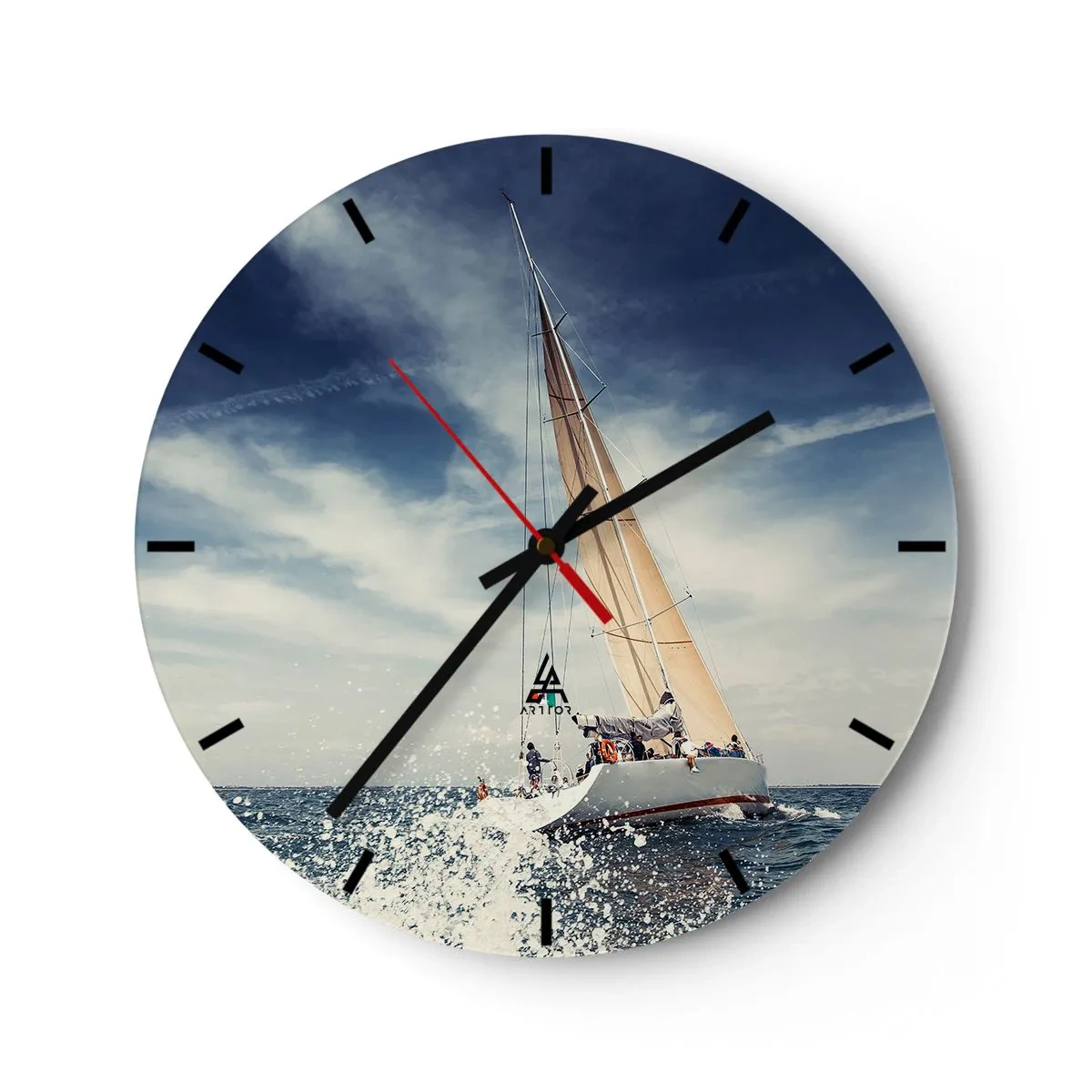 Ceas de perete - Ceas pe sticlă - Un iaht pe o mare furtunoasă sub un cer albastru - 30x30cm - Nu ne vor prinde din urmă! - Decorațiune modernă pentru perete pentru living, bucătărie și dormitor ARTTOR