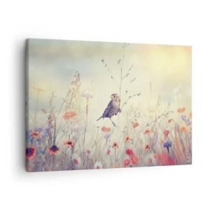Tablou pe pânză Canvas - O pasăre pe fundalul unei pajiști colorate în culori pastelate - 70x50cm - Portret de pasăre cu o pajiște în fundal - Decorațiune modernă pentru perete pentru living și dormitor ARTTOR