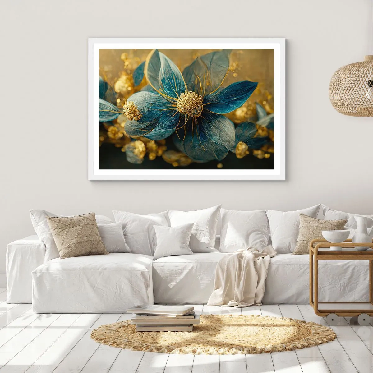 Poster în ramă albă - Floare cu aur - 70x50 cm