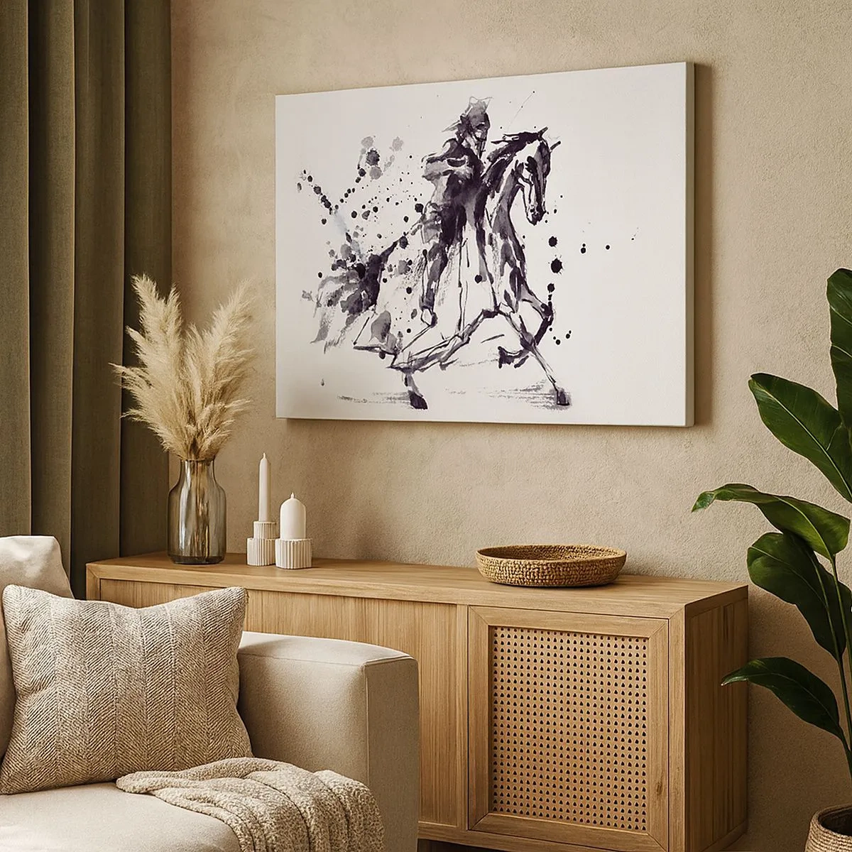 Tablou pe pânză Canvas - Acuarelă alb-negru a unui călăreț pe un cal în galop - 70x50cm - Cavalerul negru - Decorațiune modernă pentru perete pentru living și dormitor ARTTOR