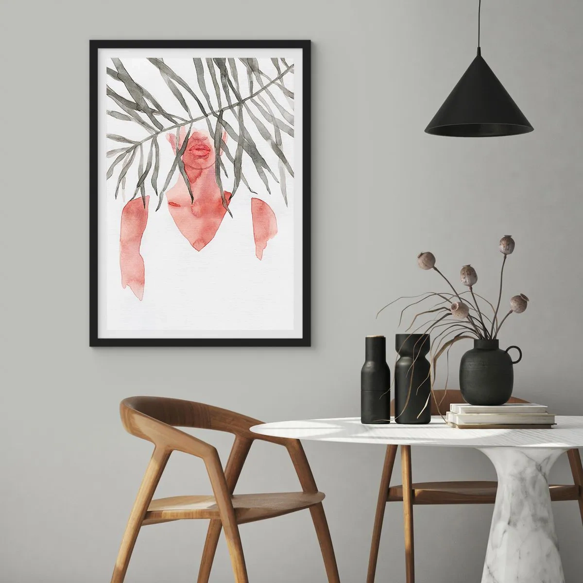 Poster în ramă neagră - Siluetă în acuarelă a unei femei ascunse în spatele frunzelor - 50x70cm - Doamna de la tropice - Decorațiune modernă pentru perete pentru living și dormitor ARTTOR