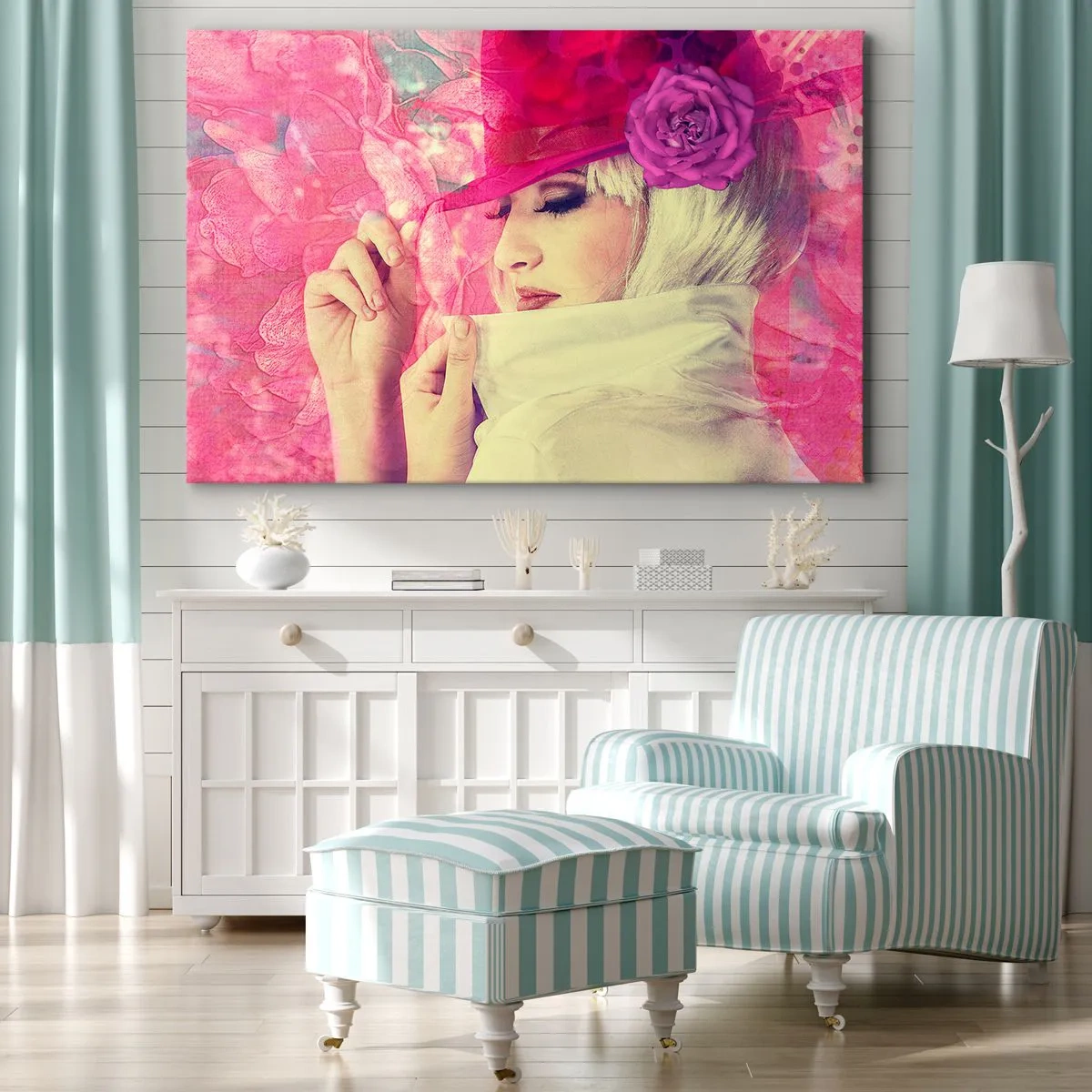 Tablou pe pânză Canvas - Femeie elegantă într-o pălărie roz cu o floare - 70x50cm - Portret retro în roz - Decorațiune modernă pentru perete pentru living și dormitor ARTTOR