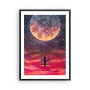 Poster în ramă neagră - Fată pe un leagăn sub luna plină - 50x70cm - Cu capul în nori - Decorațiune modernă pentru perete pentru living și dormitor ARTTOR