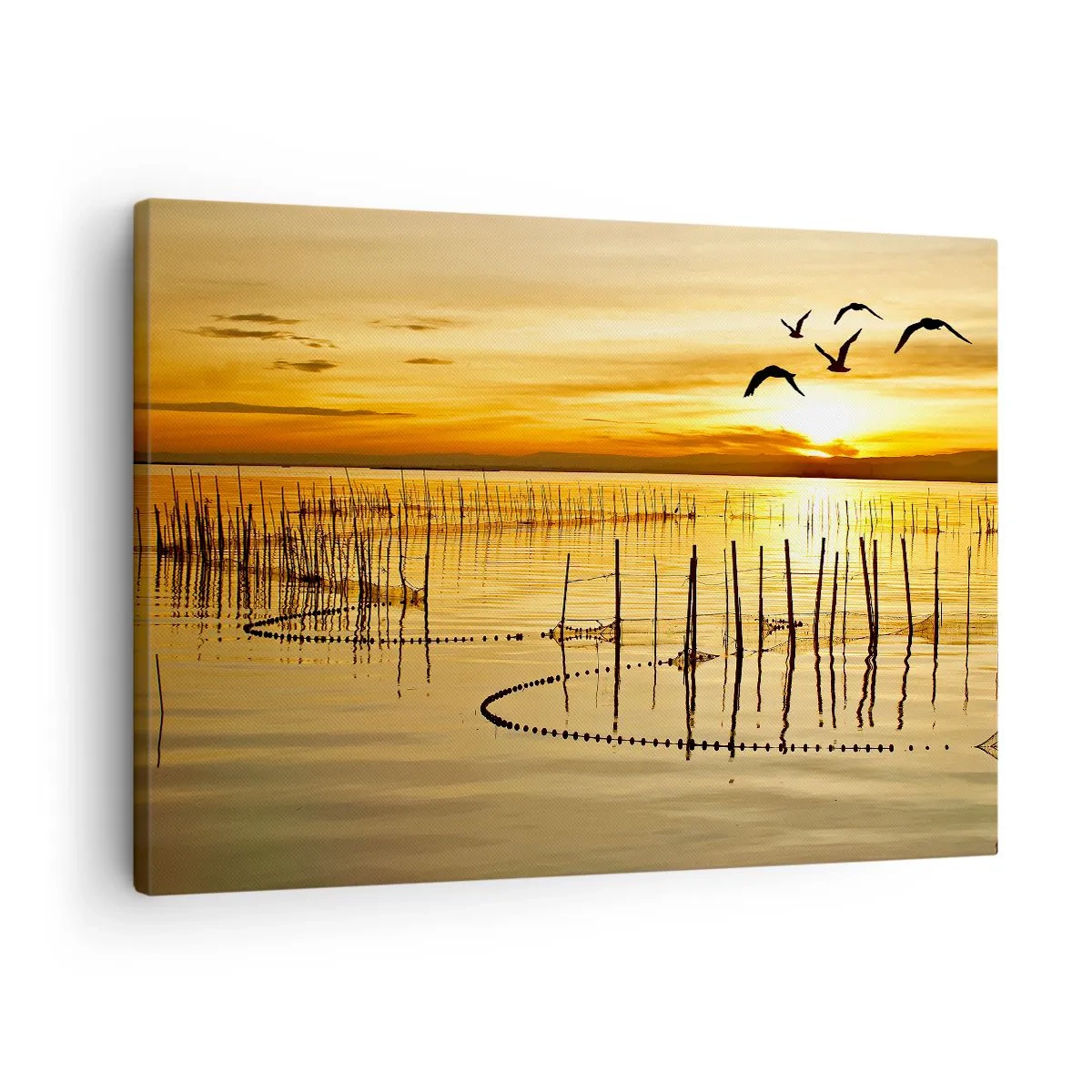 Tablou pe pânză Canvas - Apus de soare peste apă cu păsări în zbor - 70x50cm - În zona pescuitului - Decorațiune modernă pentru perete pentru living și dormitor ARTTOR