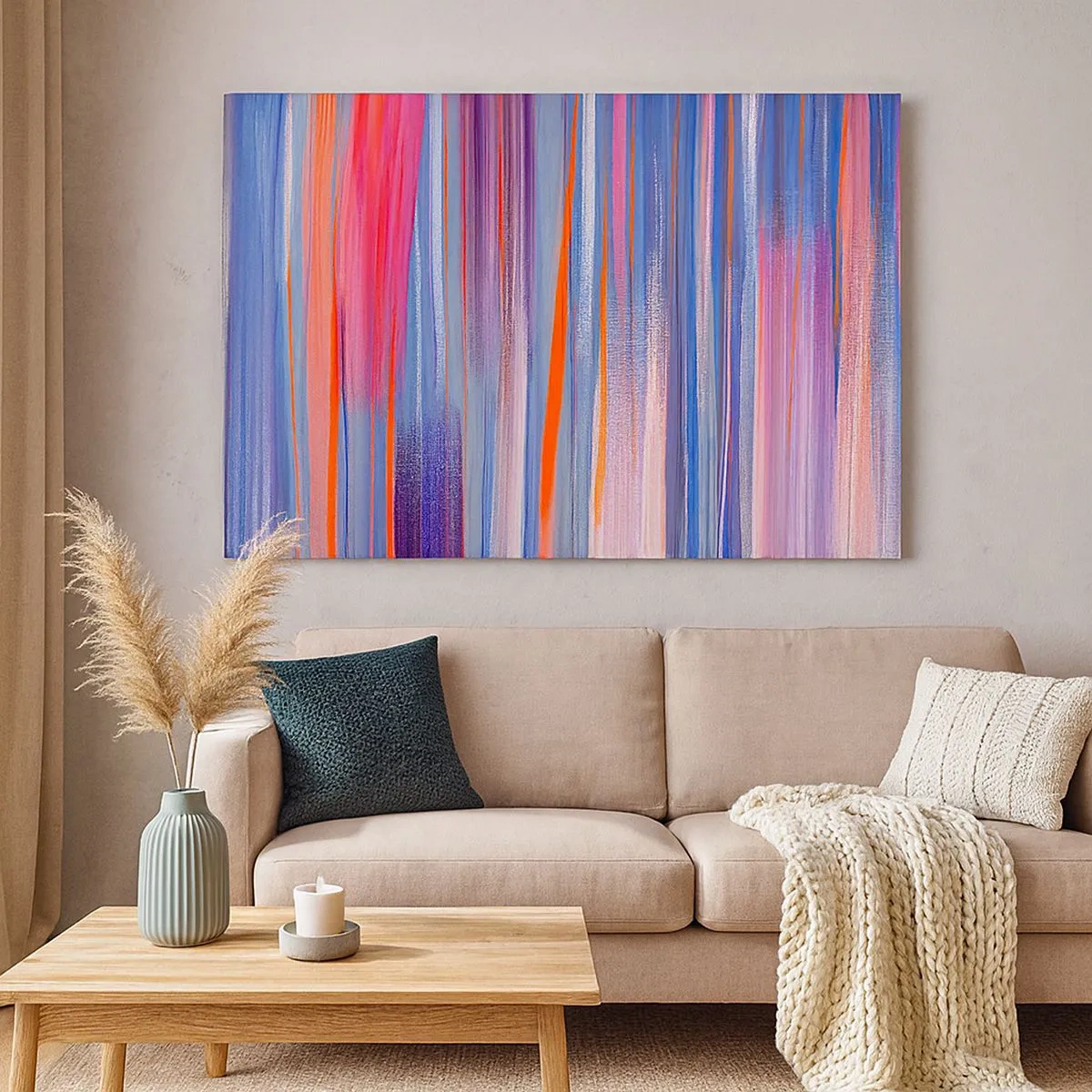 Tablou pe pânză Canvas - Linii verticale abstracte în nuanțe de albastru și roz - 70x50cm - Să intrăm în curcubeu - Decorațiune modernă pentru perete pentru living și dormitor ARTTOR