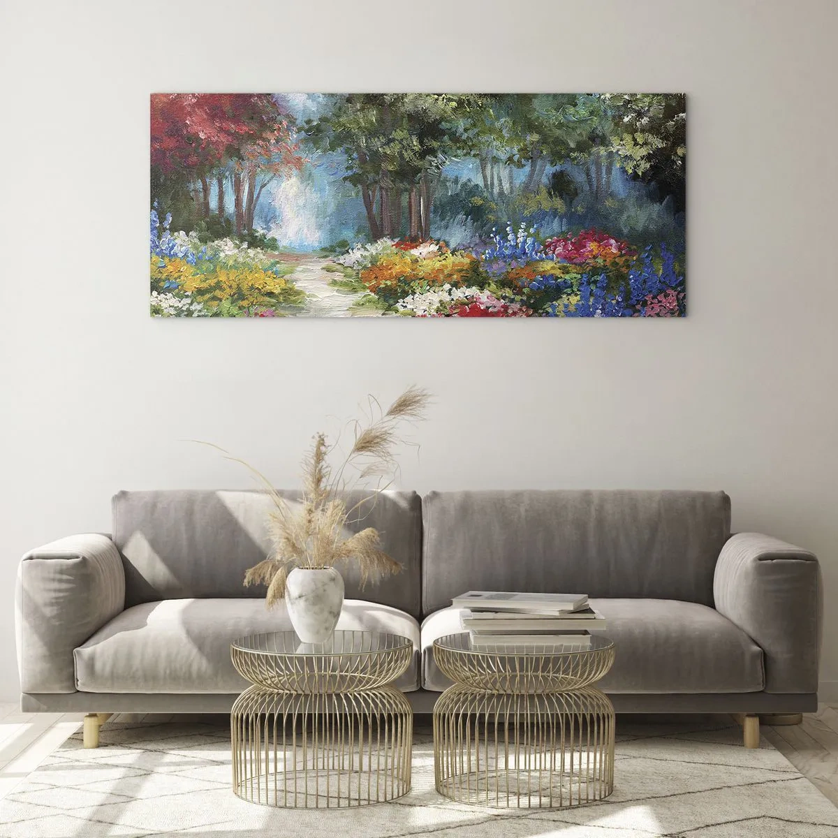 Tablou pe sticlă - Grădină de pădure, pădure de flori - 160x50 cm
