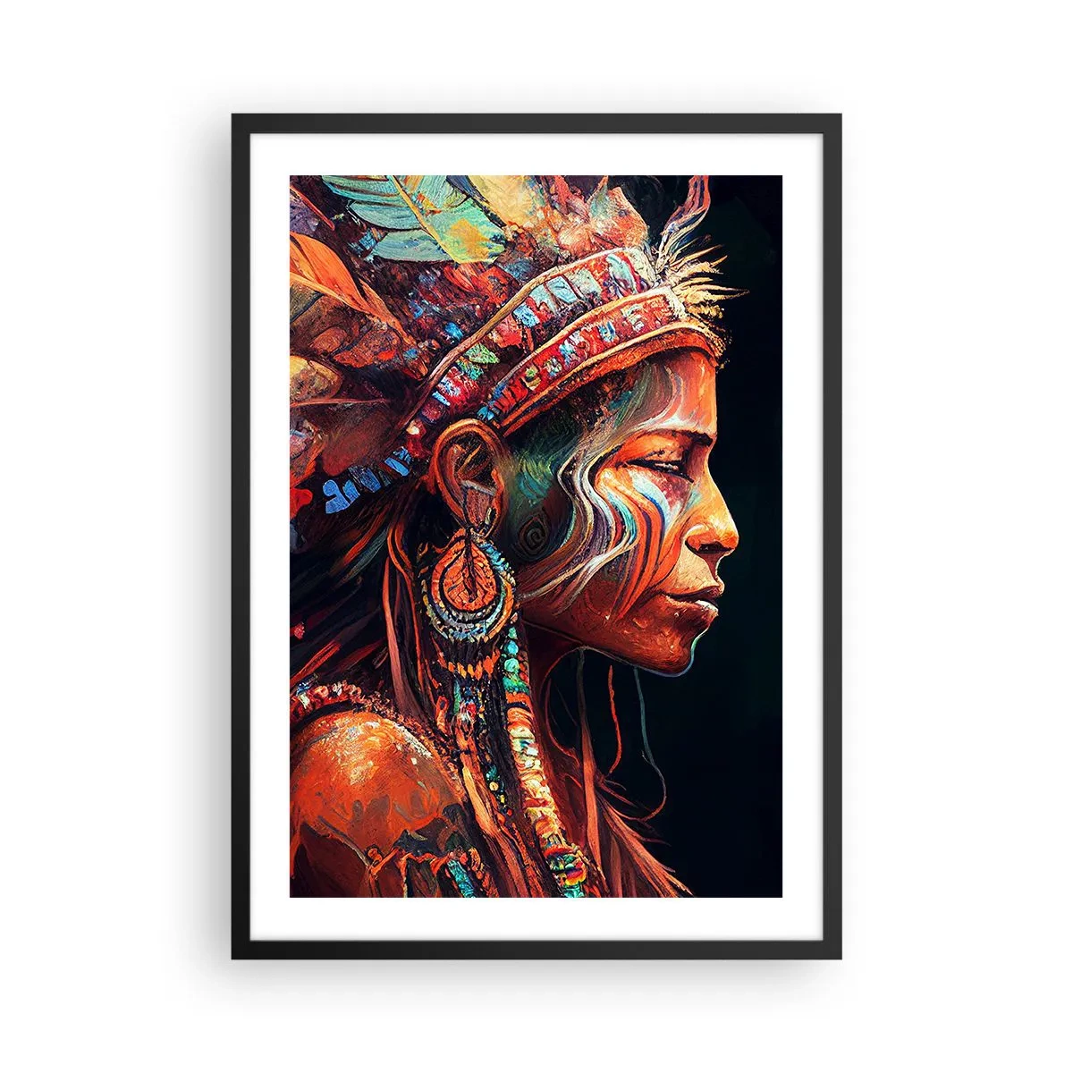 Poster în ramă neagră - Portretul unei femei într-o coafură tradițională din pene - 50x70cm - Ritual magic - Decorațiune modernă pentru perete pentru living și dormitor ARTTOR