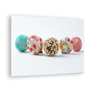 Tablou pe sticlă - Trufe colorate pentru desert cu stropi decorativi - 70x50cm - Viața poate fi dulce - Decorațiune modernă pentru perete pentru living și dormitor ARTTOR