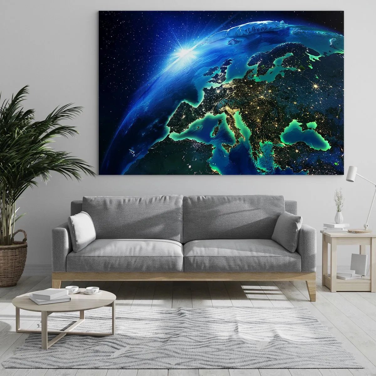 Tablou pe sticlă - Vedere a Pământului din spațiu cu Europa strălucind noaptea - 70x50cm - O Europă scânteietoare - Decorațiune modernă pentru perete pentru living și dormitor ARTTOR