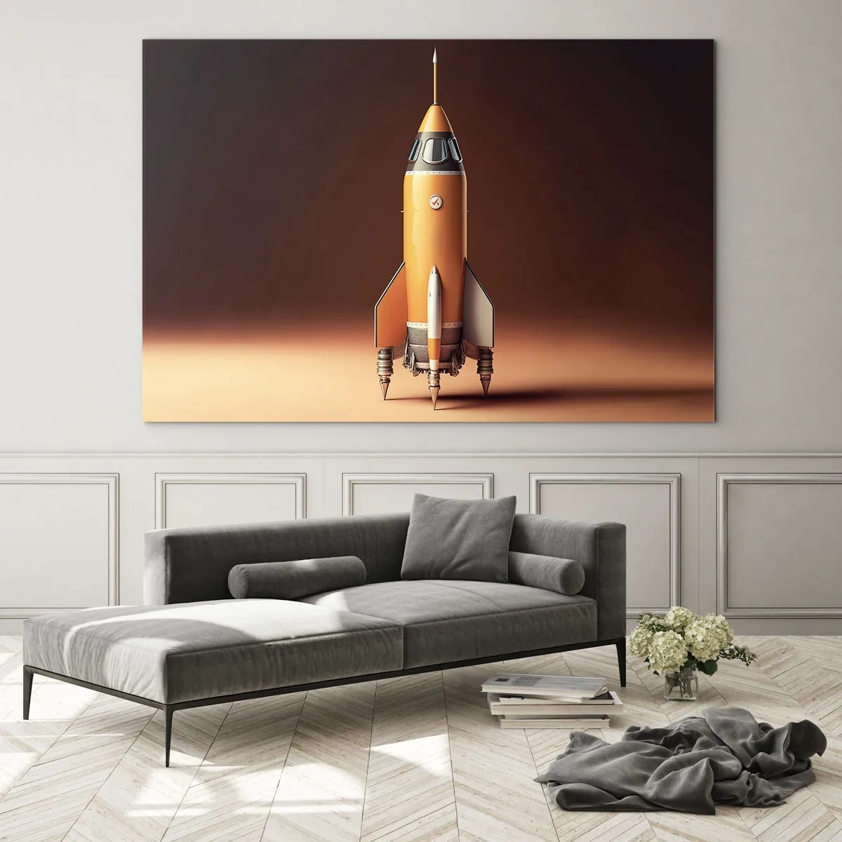 Tablou pe sticlă - O rachetă portocalie pe un fundal luminos delicat - 70x50cm - Totul începe cu un vis - Decorațiune modernă pentru perete pentru living și dormitor ARTTOR