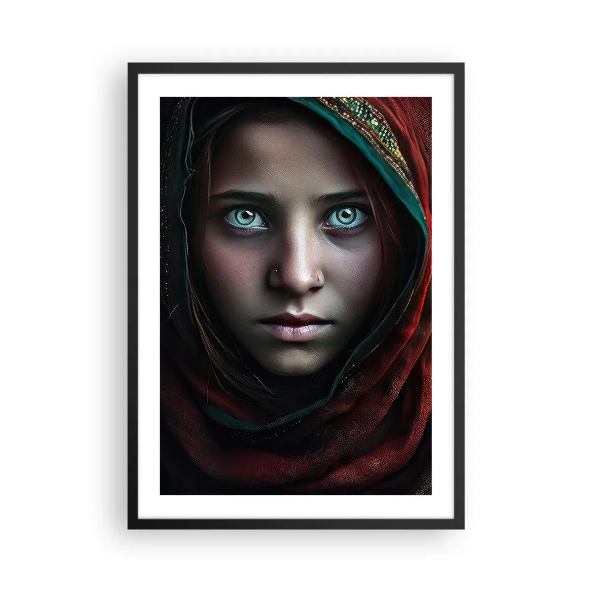 Poster în ramă neagră - Portretul unei fete într-un șal roșu cu ochi hipnotizanți - 50x70cm - Prințesa orientală - Decorațiune modernă pentru perete pentru living și dormitor ARTTOR