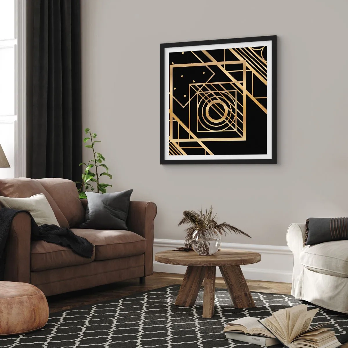 Poster în ramă neagră - Geometrie de aur - 30x30 cm