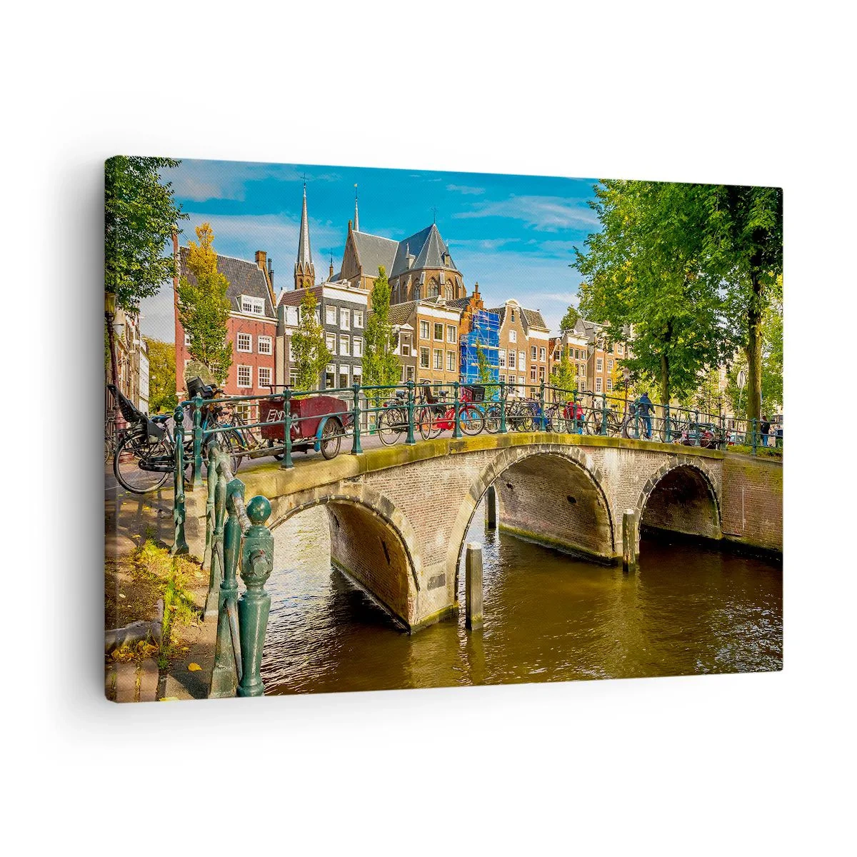 Tablou pe pânză Canvas - Un canal pitoresc cu un pod în Amsterdam - 70x50cm - Primăvara lângă canal - Decorațiune modernă pentru perete pentru living și dormitor ARTTOR