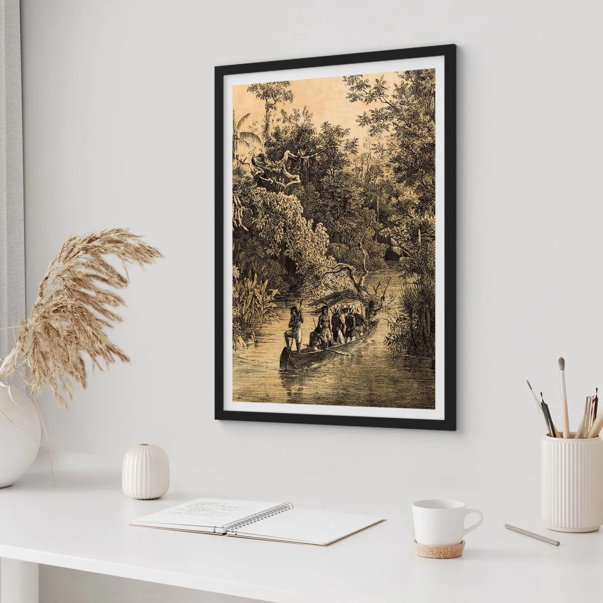 Poster în ramă neagră - gravură a unei păduri tropicale și a unei bărci pe un râu - 50x70cm - Călătorie la sursă - Decorațiune modernă pentru perete pentru living și dormitor ARTTOR