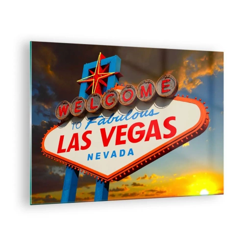 Tablou pe sticlă - Semn de bun venit în Las Vegas pe fundalul soarelui apus - 70x50cm - Pentru un zâmbet din partea destinului - Decorațiune modernă pentru perete pentru living și dormitor ARTTOR