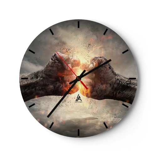 Ceas de perete - Ceas pe sticlă - Doi pumni strânși în flăcări - 30x30cm - Ridică-te pentru a lupta - Decorațiune modernă pentru perete pentru living, bucătărie și dormitor ARTTOR