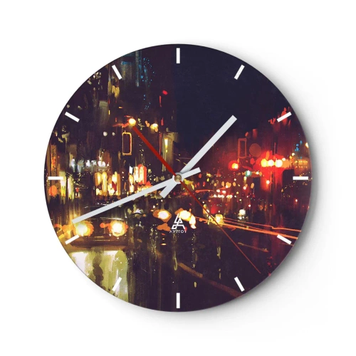 Ceas de perete - Ceas pe sticlă - Scenă de noapte a orașului cu lumini colorate și stradă - 30x30cm - Scufundat în lumina nopții - Decorațiune modernă pentru perete pentru living, bucătărie și dormitor ARTTOR