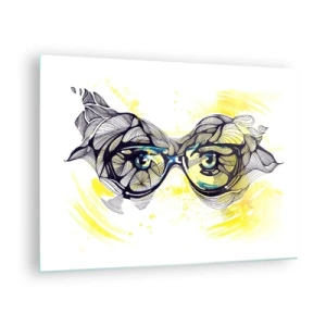 Tablou pe sticlă - Ochelari cu modele artistice și ochi pe un fundal galben - 70x50cm - Prin ochelari albaștri - Decorațiune modernă pentru perete pentru living și dormitor ARTTOR