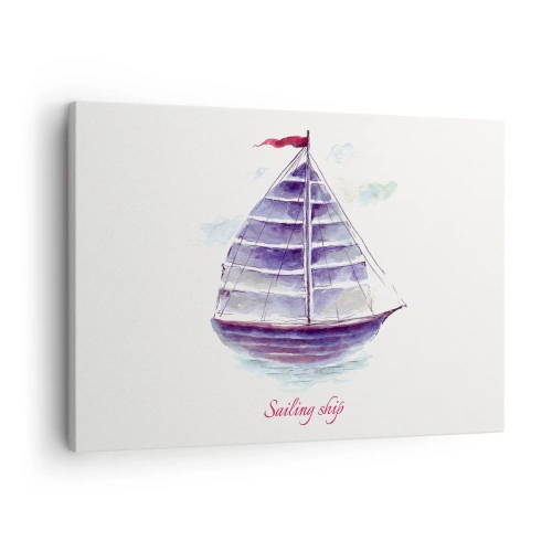 Tablou pe pânză Canvas - O pictură în acuarelă a unei barci cu pânze pe apă cu o inscripție delicată - 70x50cm - Pânze pline și apă calmă - Decorațiune modernă pentru perete pentru living și dormitor ARTTOR