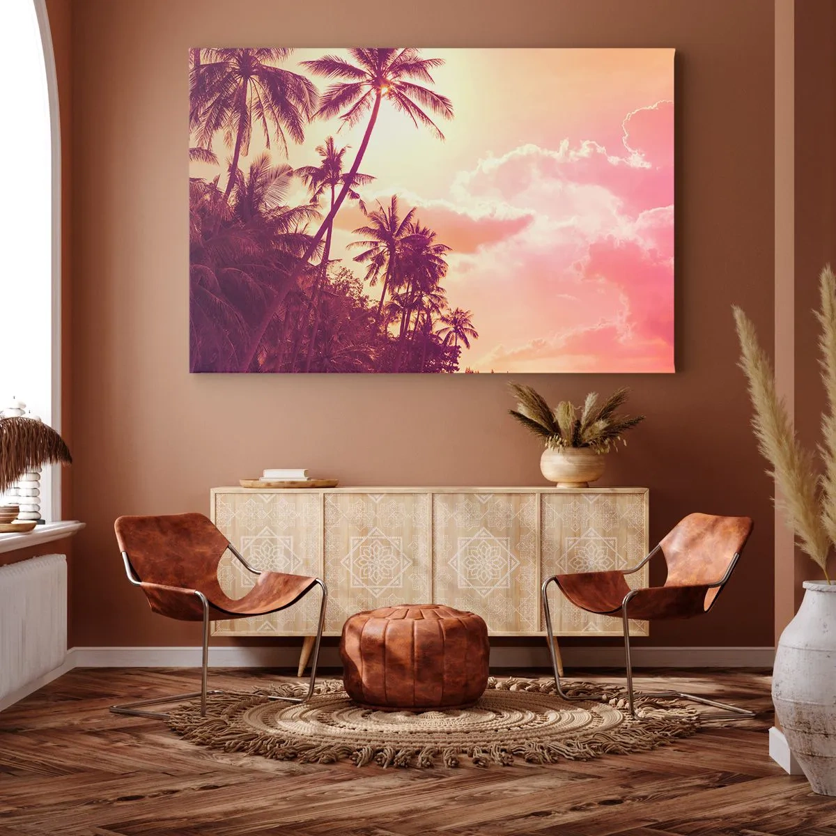 Tablou pe pânză Canvas - Palmieri iluminați de apusul soarelui pe un cer tropical - 70x50cm - Trebuie să alegeți - Decorațiune modernă pentru perete pentru living și dormitor ARTTOR