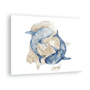 Tablou pe sticlă - Două balene albastre pe un fundal de pete aurii abstracte - 70x50cm - Prietenie sau iubire? - Decorațiune modernă pentru perete pentru living și dormitor ARTTOR