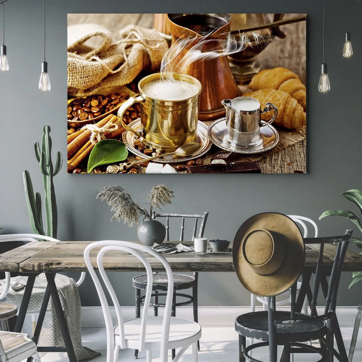 Tablou pe pânză Canvas - O cană de cafea aurie înconjurată de boabe, ulcioare și croissante - 70x50cm - O zi bună! - Decorațiune modernă pentru perete pentru living și dormitor ARTTOR