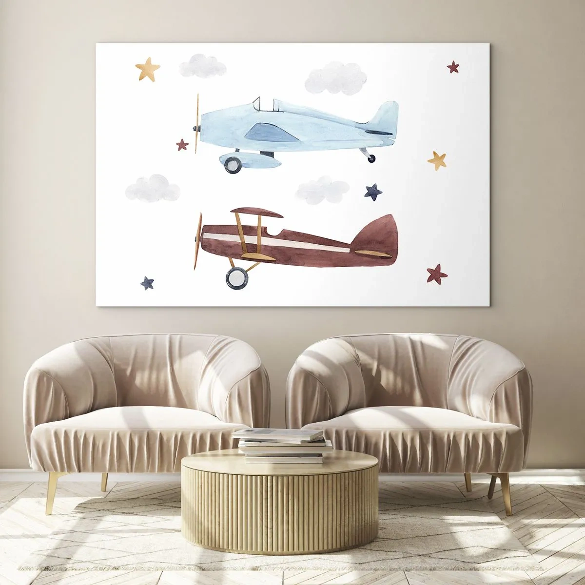 Tablou pe sticlă - Două avioane colorate printre stele și nori - 70x50cm - Domnule Pilot, vă așteptăm! - Decorațiune modernă pentru perete pentru living și dormitor ARTTOR