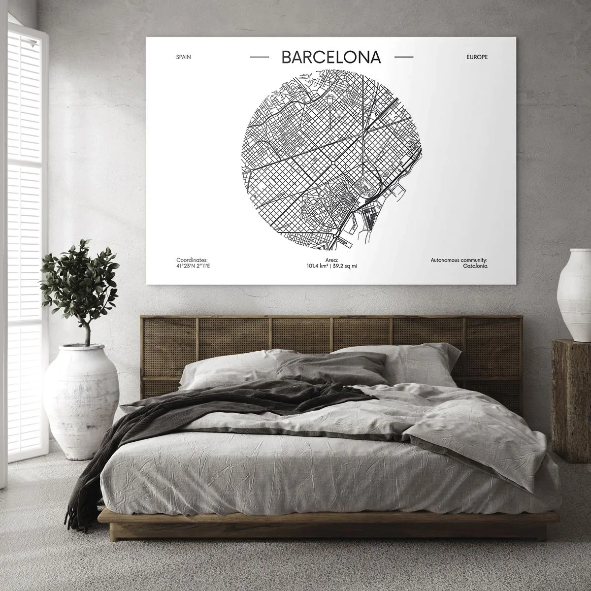 Tablou pe sticlă - O hartă minimalistă a Barcelonei într-o estetică alb-negru - 70x50cm - Anatomia Barcelonei - Decorațiune modernă pentru perete pentru living și dormitor ARTTOR
