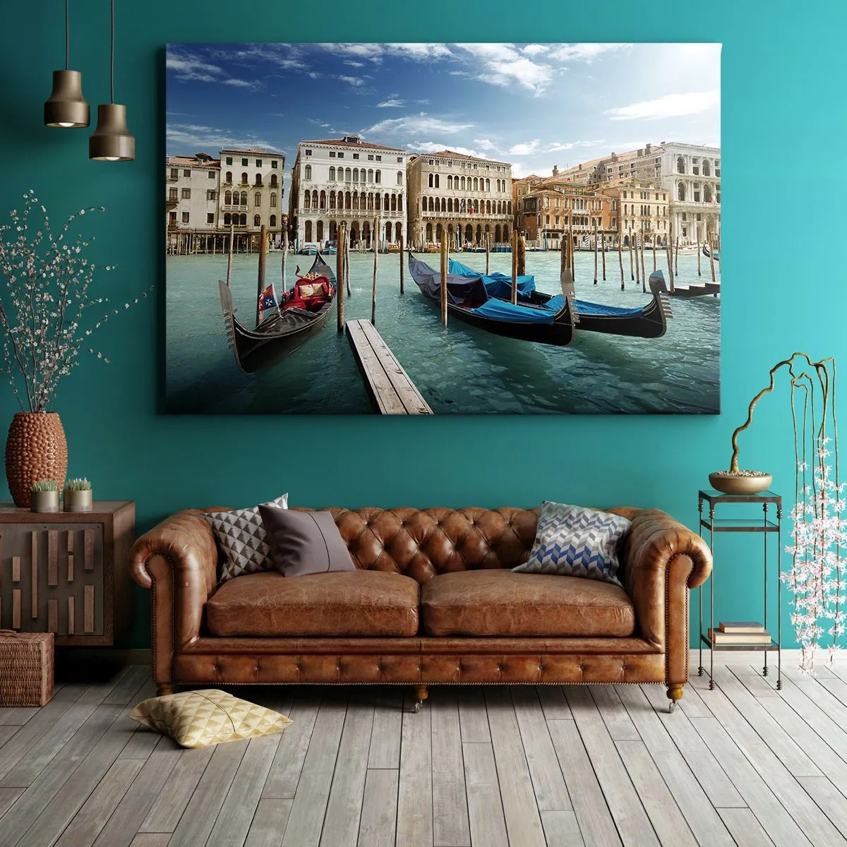 Tablou pe pânză Canvas - Veneția cu gondole și palate pe fundalul cerului - 70x50cm - Palate în albastru - Decorațiune modernă pentru perete pentru living și dormitor ARTTOR