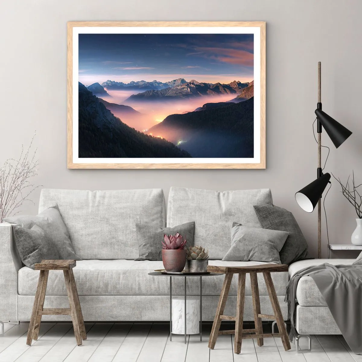 Poster în ramă de stejar deschis - Lumină în văi - 91x61 cm