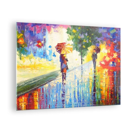 Tablou pe sticlă - O plimbare colorată în ploaie cu o umbrelă impresionistă - 70x50cm - Și totul este clar - Decorațiune modernă pentru perete pentru living și dormitor ARTTOR