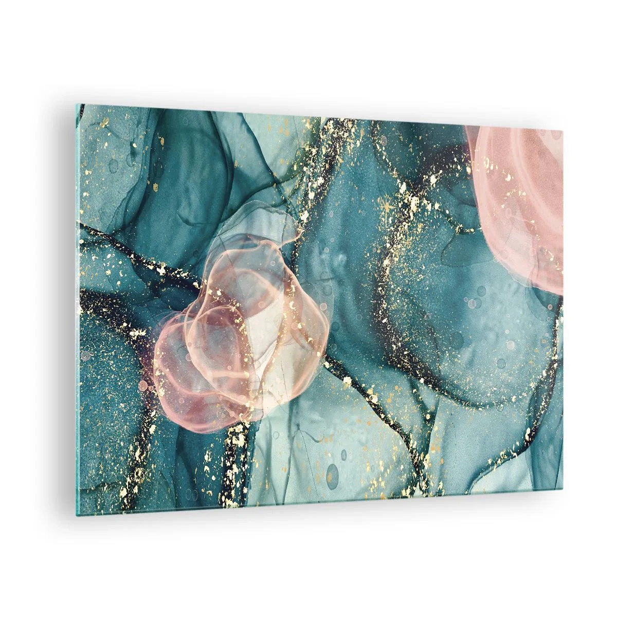 Tablou pe sticlă - Forme abstracte în albastru și roz cu detalii aurii - 70x50cm - Mătase albastră, tul roz - Decorațiune modernă pentru perete pentru living și dormitor ARTTOR