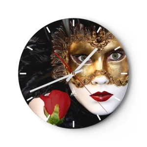Ceas de perete - Ceas pe sticlă - Mască venețiană de aur cu un trandafir roșu - 30x30cm - Pentru că viața e un bal - Decorațiune modernă pentru perete pentru living, bucătărie și dormitor ARTTOR