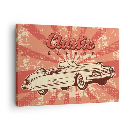 Tablou pe pânză Canvas - Poster retro cu o mașină clasică și cuvintele Classic Garage - 70x50cm - Și la radio Elvis - Decorațiune modernă pentru perete pentru living și dormitor ARTTOR