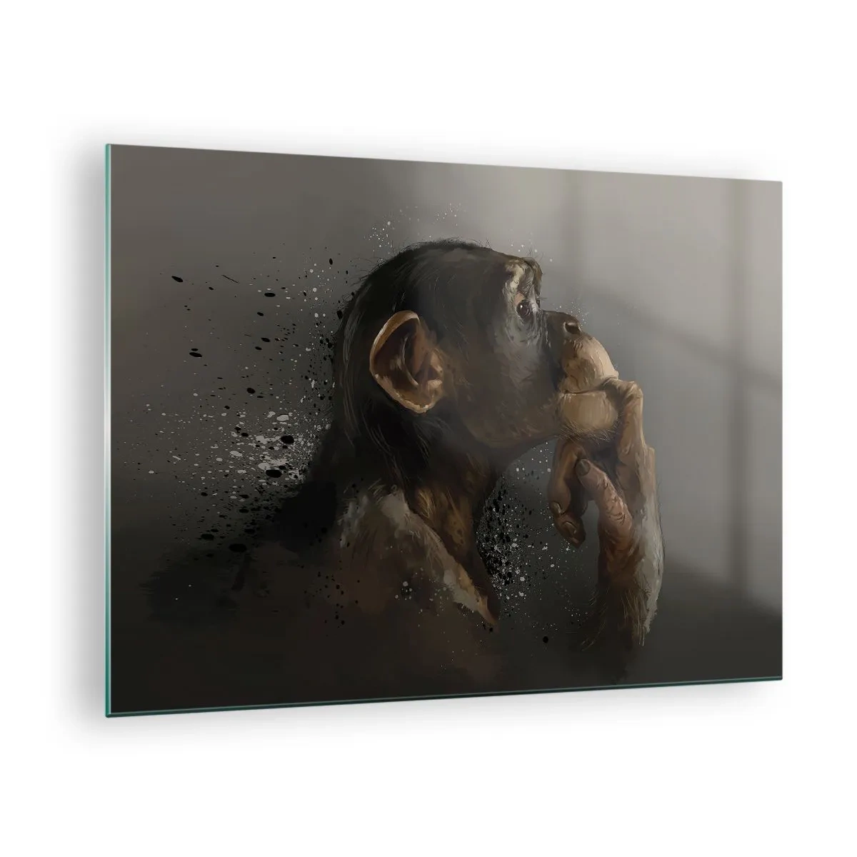 Tablou pe sticlă - O maimuță care pare gânditoare pe un fundal întunecat cu efect de stropire - 70x50cm - Cu siguranță, gânditorul - Decorațiune modernă pentru perete pentru living și dormitor ARTTOR